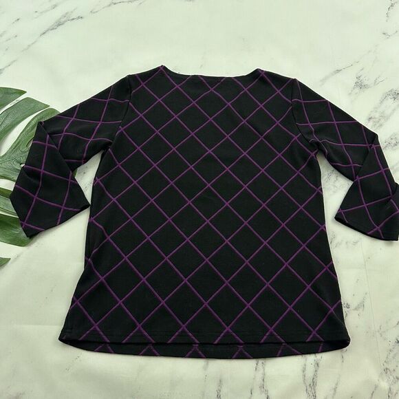 Cut Loose Womens Knit Top Size XS Black Purple Window Pane Plaid 3/4 Sleeve - Picture 8 of 12